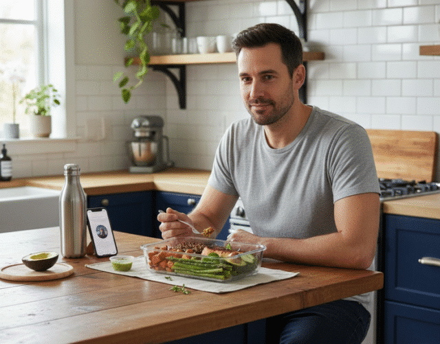 vyras valgo virtuvėje namuose