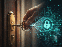 Nuo pakabinamos spynos iki „Bitcoin“: kaip mechaninė spyna paaiškina Jūsų interneto slaptažodžių saugumą vyro ranka suka raktą spynoje ir virtuali spyna nuotraukoje