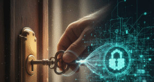 Nuo pakabinamos spynos iki „Bitcoin“: kaip mechaninė spyna paaiškina Jūsų interneto slaptažodžių saugumą vyro ranka suka raktą spynoje ir virtuali spyna nuotraukoje