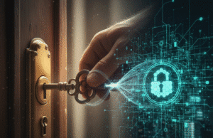 Nuo pakabinamos spynos iki „Bitcoin“: kaip mechaninė spyna paaiškina Jūsų interneto slaptažodžių saugumą vyro ranka suka raktą spynoje ir virtuali spyna nuotraukoje