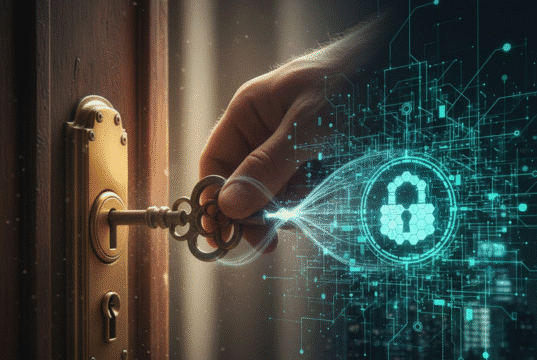 Nuo pakabinamos spynos iki „Bitcoin“: kaip mechaninė spyna paaiškina Jūsų interneto slaptažodžių saugumą vyro ranka suka raktą spynoje ir virtuali spyna nuotraukoje