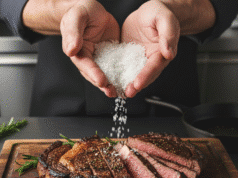 Druskos menas: esminė pamoka, kaip akimirksniu pagerinti kiekvieną patiekalą vyro rankos beria druską ant kepto steiko