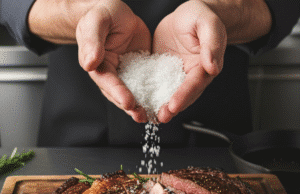 Druskos menas: esminė pamoka, kaip akimirksniu pagerinti kiekvieną patiekalą vyro rankos beria druską ant kepto steiko