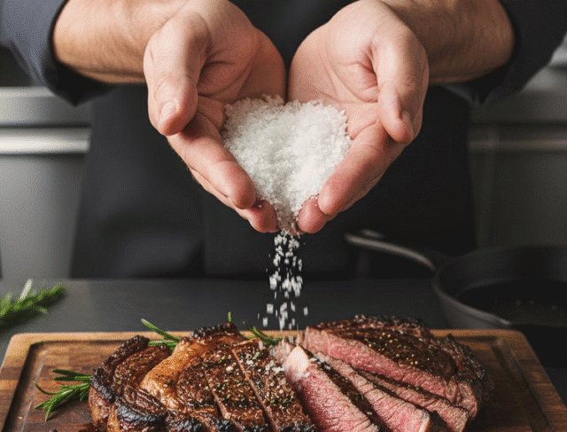 vyro rankos beria druską ant kepto steiko