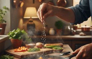 Gaminimas be receptų: 4 elementai, kuriuos privalo išmanyti kiekvienas vyras vyro rankos beria druską į patiekalą keptuvėje