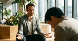 Emocijų įvardijimas: kodėl derybose „ne“ yra vertingesnis už „taip“? du vyrai kalbasi ofise, vienas sėdi nuleidęs galvą