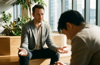 Emocijų įvardijimas: kodėl derybose „ne“ yra vertingesnis už „taip“? du vyrai kalbasi ofise, vienas sėdi nuleidęs galvą