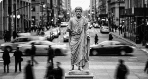 Tyla prieš audrą: kaip stoicizmo principai padeda išlikti nepalaužiamam graikų stoiko statula vidury gatvės