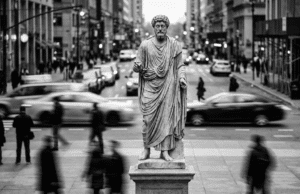 Tyla prieš audrą: kaip stoicizmo principai padeda išlikti nepalaužiamam graikų stoiko statula vidury gatvės