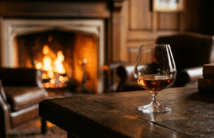 Konjakas – kilmingiausias pasaulio gėrimas: išsamus gidas džentelmenui konjako taurė pastatyta ant seno medinio stalo