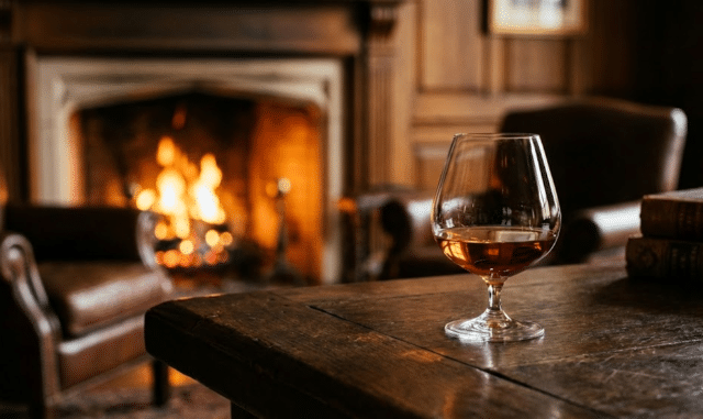 konjako taurė pastatyta ant seno medinio stalo