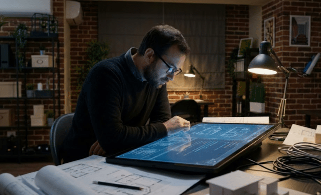 modernus architektas dirba prie savo darbo stalo