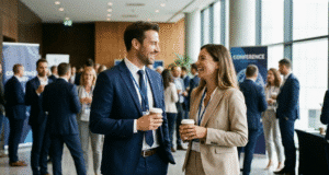 „Small talk“ menas: kaip nejaukią tylą paversti naudingu ryšiu moteris ir vyras per konferencijos pertraukėlę bendrauja foje