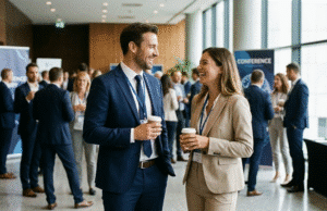 „Small talk“ menas: kaip nejaukią tylą paversti naudingu ryšiu moteris ir vyras per konferencijos pertraukėlę bendrauja foje