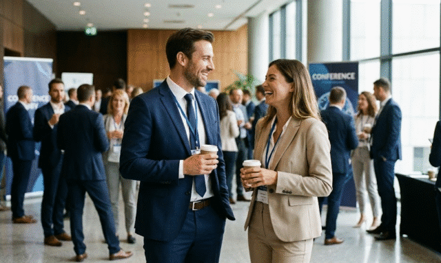 moteris ir vyras per konferencijos pertraukėlę bendrauja foje