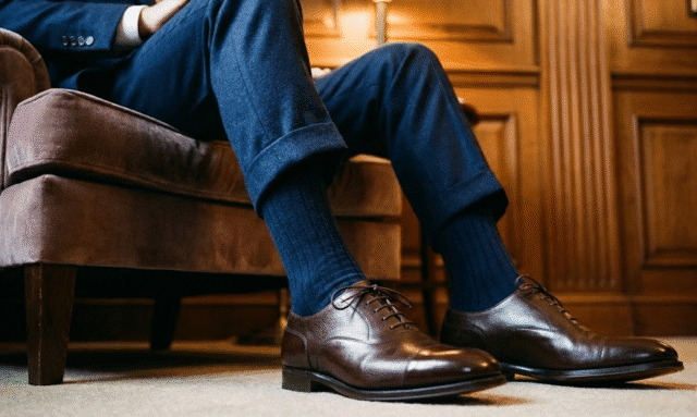 nuotraukoje iš arti matomi vyro kojos, batai kojinės ir kelnės