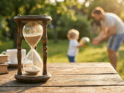 Tik 18 vasarų: kodėl tėvystės laikas bėga taip greitai? smėlio laikrodis ant stalo krašto, fone žaidžia tėvas su vaiku