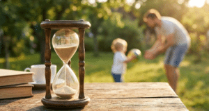 Tik 18 vasarų: kodėl tėvystės laikas bėga taip greitai? smėlio laikrodis ant stalo krašto, fone žaidžia tėvas su vaiku