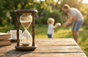 Tik 18 vasarų: kodėl tėvystės laikas bėga taip greitai? smėlio laikrodis ant stalo krašto, fone žaidžia tėvas su vaiku