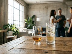 Viskis be snobizmo: modernaus džentelmeno gidas į skonio laisvę viskio taurės ant stalo, fone kalbasi žmonės