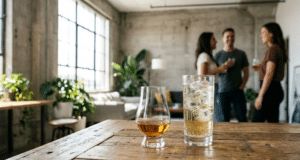 Viskis be snobizmo: modernaus džentelmeno gidas į skonio laisvę viskio taurės ant stalo, fone kalbasi žmonės