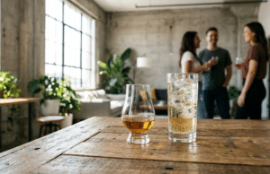 Viskis be snobizmo: modernaus džentelmeno gidas į skonio laisvę viskio taurės ant stalo, fone kalbasi žmonės