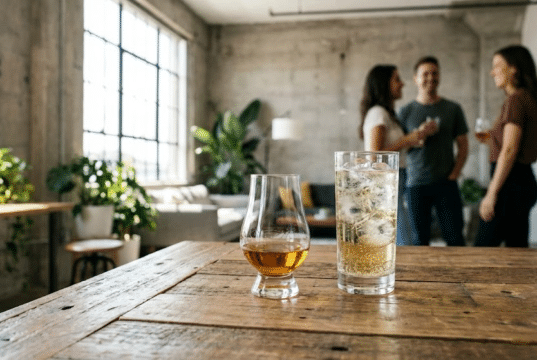 Viskis be snobizmo: modernaus džentelmeno gidas į skonio laisvę viskio taurės ant stalo, fone kalbasi žmonės