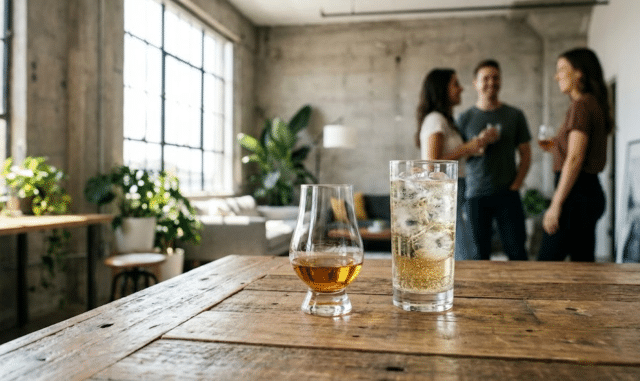 viskio taurės ant stalo, fone kalbasi žmonės