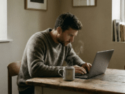 Gilus darbas – XXI amžiaus supergalia: Kodėl verta išjungti trikdžius? vyras dirba prie stalo su laptopu