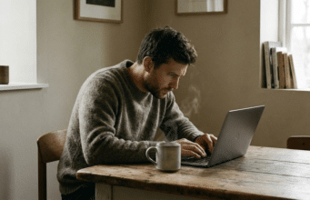 Gilus darbas – XXI amžiaus supergalia: Kodėl verta išjungti trikdžius? vyras dirba prie stalo su laptopu