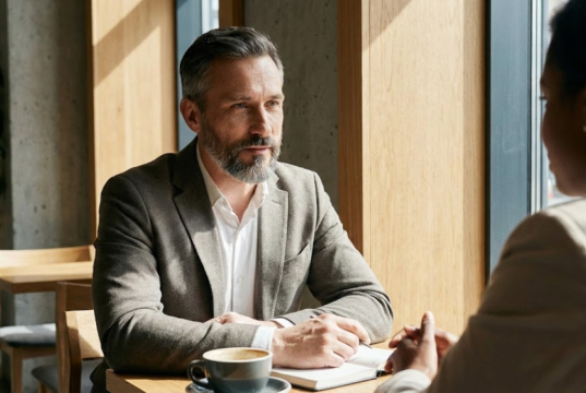 Derybų menas: kaip pasiekti savo tikslų be agresyvios konfrontacijos? vyras kavinėje kalbasi su partneriu ir derasi