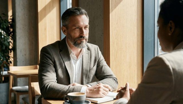 vyras kavinėje kalbasi su partneriu ir derasi