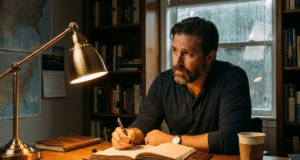 Tikslų nustatymo menas: paprastas būdas susikurti motyvuojančius sveikatos ir sporto tikslus vyras sėdi vakare prie stalo ir užsirašo tikslus