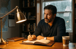 Tikslų nustatymo menas: paprastas būdas susikurti motyvuojančius sveikatos ir sporto tikslus vyras sėdi vakare prie stalo ir užsirašo tikslus