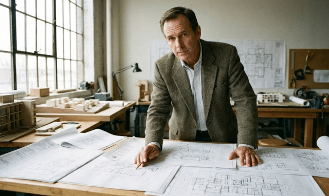 vyras specialistas dirbantis ties brėžiniais