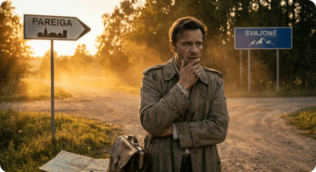 vyras stovi kryžkelėje ir rankasi tarp pareigos ir svajonės