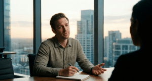 Kalibruoti klausimai: kaip priversti kitą pusę spręsti jūsų problemas? vyras susitikime kalba su pašnekovu