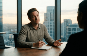 Kalibruoti klausimai: kaip priversti kitą pusę spręsti jūsų problemas? vyras susitikime kalba su pašnekovu