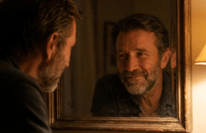 Vidinio kritiko išjungimas: kodėl atjauta sau yra vyriška stiprybė vyras žiūri į veidrodį ir šypsosi