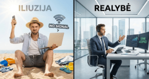 Kontrolės spąstai karjeroje: Kodėl laisvė darbe turi būti užtarnauta, o ne paimta jėga Vienoje pusėje – vyras su nešiojamu kompiuteriu paplūdimyje. Kitoje – užtikrintas profesionalas moderniame biure