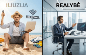 Kontrolės spąstai karjeroje: Kodėl laisvė darbe turi būti užtarnauta, o ne paimta jėga Vienoje pusėje – vyras su nešiojamu kompiuteriu paplūdimyje. Kitoje – užtikrintas profesionalas moderniame biure