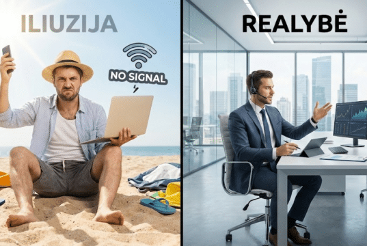 Kontrolės spąstai karjeroje: Kodėl laisvė darbe turi būti užtarnauta, o ne paimta jėga Vienoje pusėje – vyras su nešiojamu kompiuteriu paplūdimyje. Kitoje – užtikrintas profesionalas moderniame biure