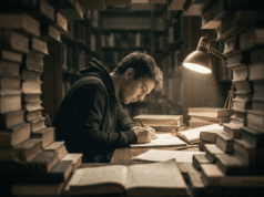 Dėmesio koncentracija kaip raumuo: Išmokite dirbti kaip Tedis Ruzveltas jaunas vyras dirba bibliotekoje