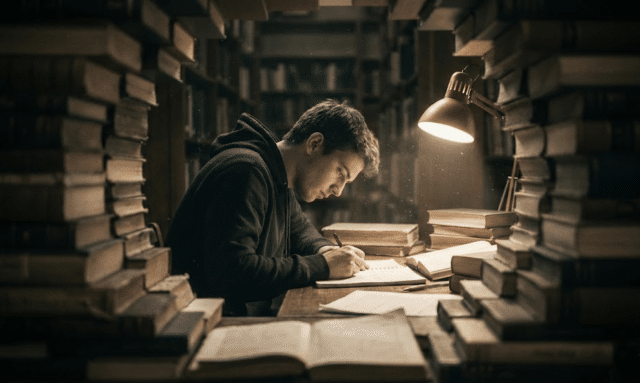 jaunas vyras dirba bibliotekoje