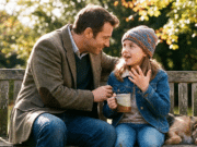 Dukros ir tėvai: Kodėl jūs esate svarbiausias vyras jos gyvenime mergaitė sėdi su tėčiu ant suoliuko ir jam pasakoja istoriją