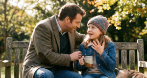 Dukros ir tėvai: Kodėl jūs esate svarbiausias vyras jos gyvenime mergaitė sėdi su tėčiu ant suoliuko ir jam pasakoja istoriją