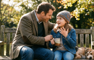 Dukros ir tėvai: Kodėl jūs esate svarbiausias vyras jos gyvenime mergaitė sėdi su tėčiu ant suoliuko ir jam pasakoja istoriją