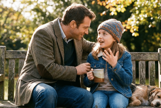 Dukros ir tėvai: Kodėl jūs esate svarbiausias vyras jos gyvenime mergaitė sėdi su tėčiu ant suoliuko ir jam pasakoja istoriją