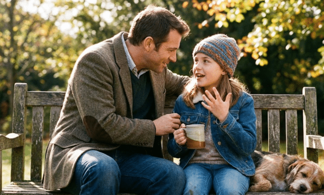 mergaitė sėdi su tėčiu ant suoliuko ir jam pasakoja istoriją