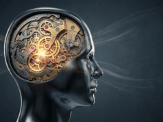 Įtakos psichologija: 6 principai, kurie valdo žmonių sprendimus nuotrauka, vaizduojanti žmogaus galvos siluetą, kurio viduje matosi sudėtingas laikrodžio mechanizmas